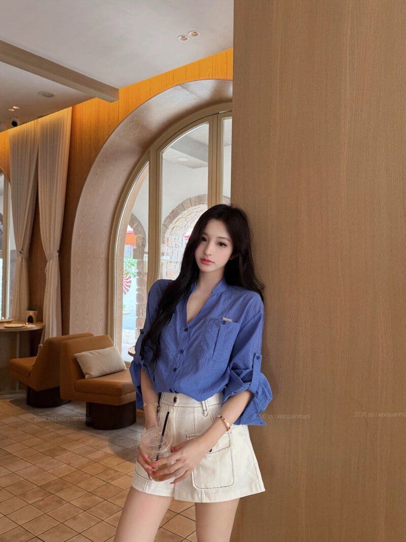 원본 원단 파란색 스탠드 칼라 루즈핏 긴팔 여성 셔츠 여름 V넥 여성 셔츠 이른 봄 가을 셔츠 상세 이미지 12