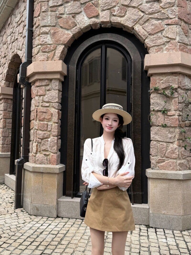 원본 원단 파란색 스탠드 칼라 루즈핏 긴팔 여성 셔츠 여름 V넥 여성 셔츠 이른 봄 가을 셔츠 상세 이미지 18