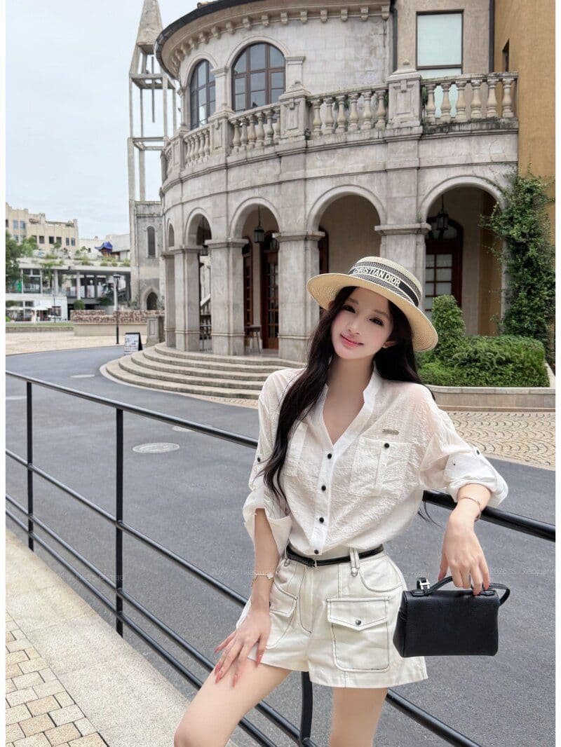 원본 원단 파란색 스탠드 칼라 루즈핏 긴팔 여성 셔츠 여름 V넥 여성 셔츠 이른 봄 가을 셔츠 상세 이미지 22
