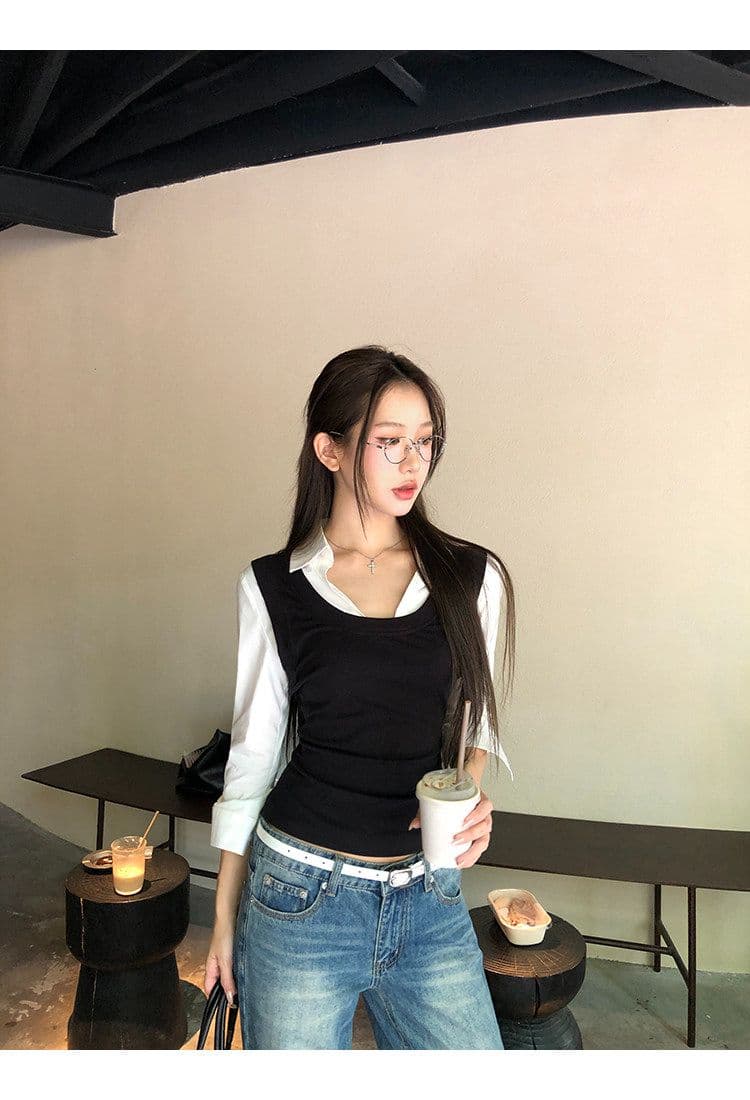 원본 것 여성 셔츠 봄 가을 프랑스식 맨위 페이크 레이어드 긴팔 허리 수축 핫걸 자이언트 잘 생긴 셔츠 상세 이미지 5