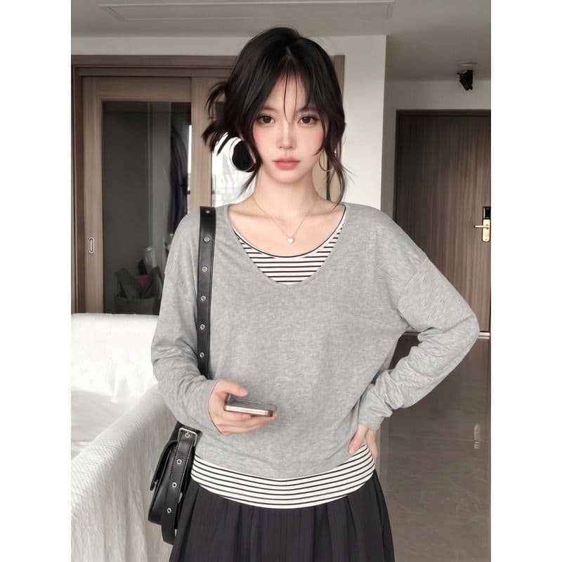 눈꽃 면 한 부서 스트라이프 페이크 레이어드 긴팔 티셔츠 여성 가을 루즈핏 느긋한 디자인 센스 패치워크 맨위 이미지 4