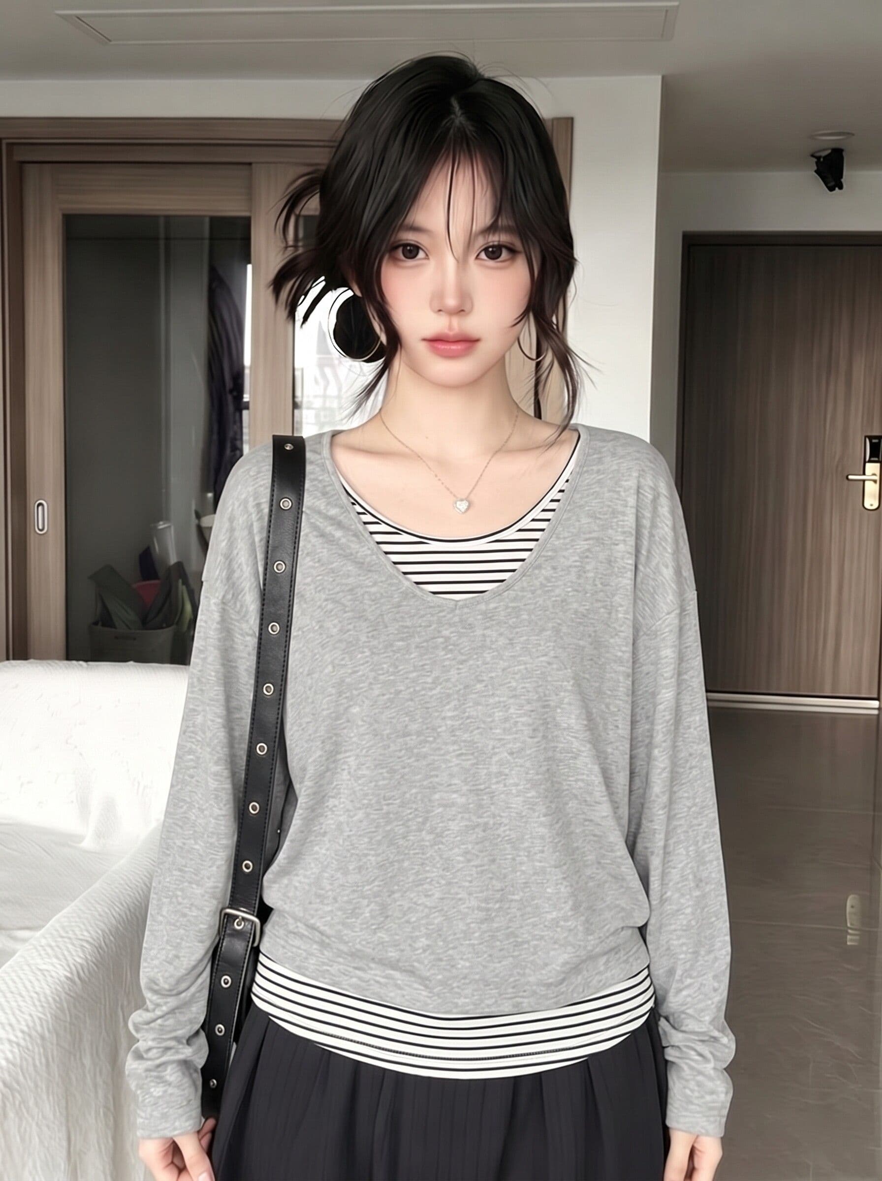 눈꽃 면 한 부서 스트라이프 페이크 레이어드 긴팔 티셔츠 여성 가을 루즈핏 느긋한 디자인 센스 패치워크 맨위 상세 이미지 2