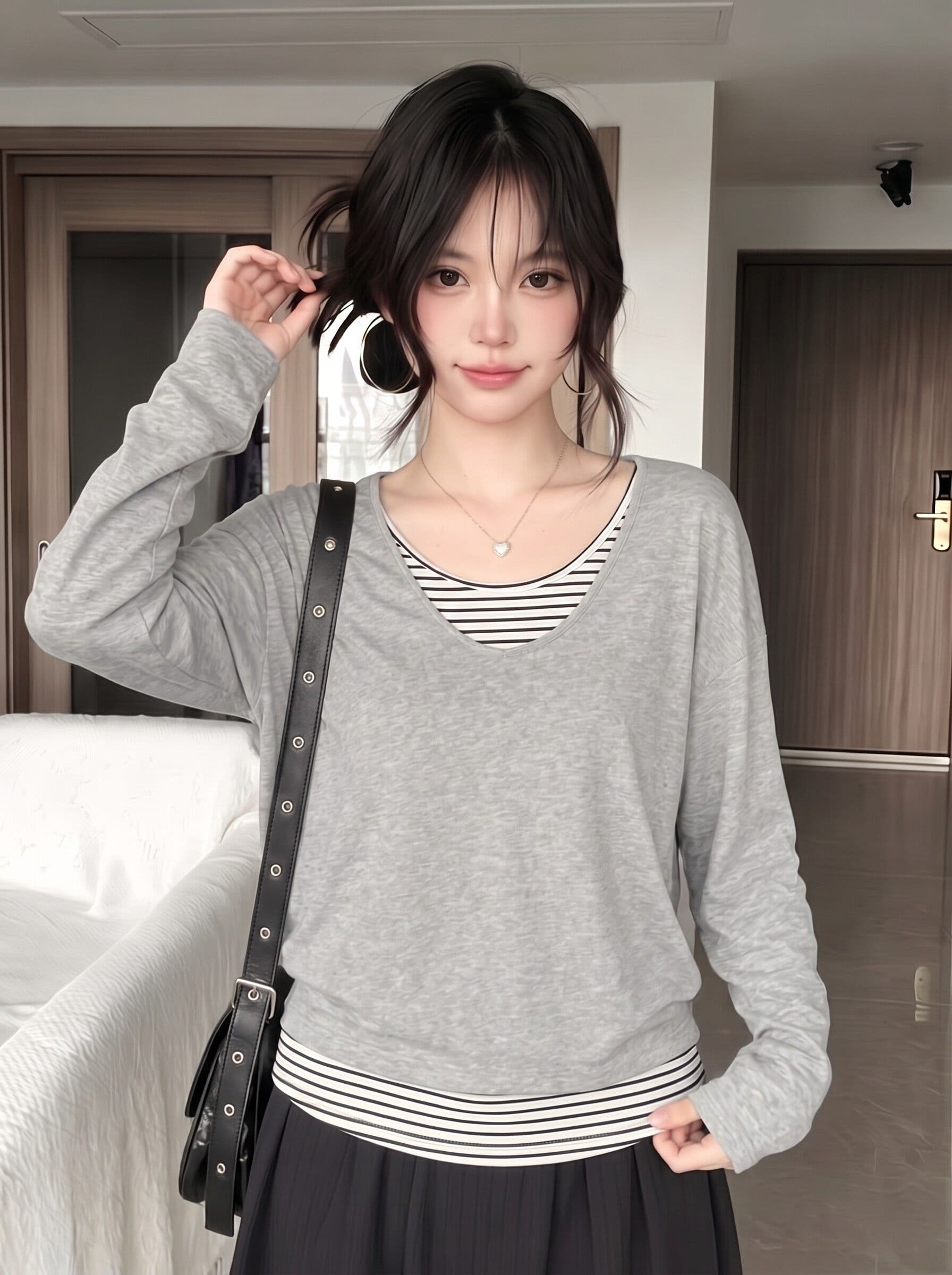 눈꽃 면 한 부서 스트라이프 페이크 레이어드 긴팔 티셔츠 여성 가을 루즈핏 느긋한 디자인 센스 패치워크 맨위 상세 이미지 3