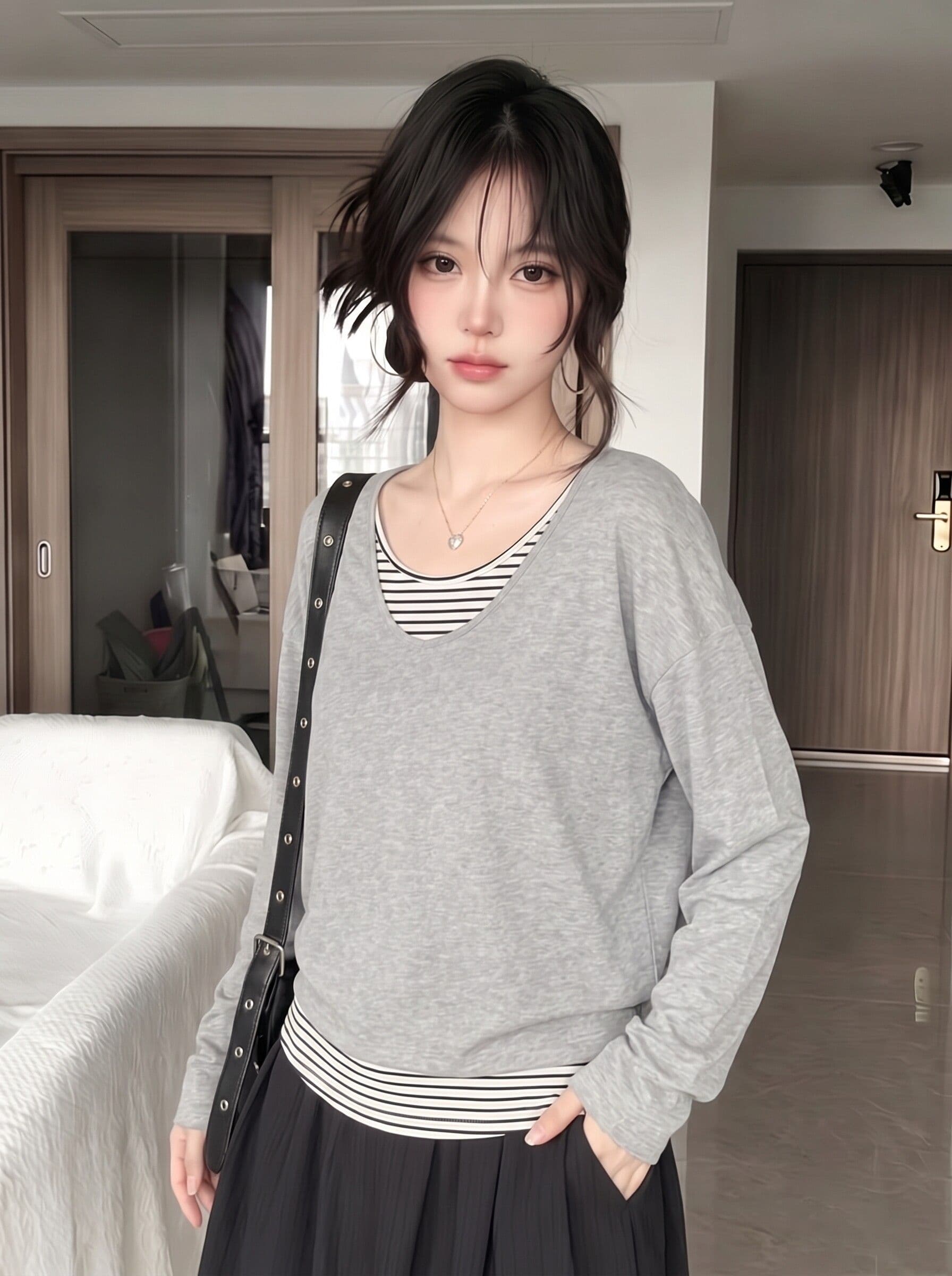 눈꽃 면 한 부서 스트라이프 페이크 레이어드 긴팔 티셔츠 여성 가을 루즈핏 느긋한 디자인 센스 패치워크 맨위 상세 이미지 4