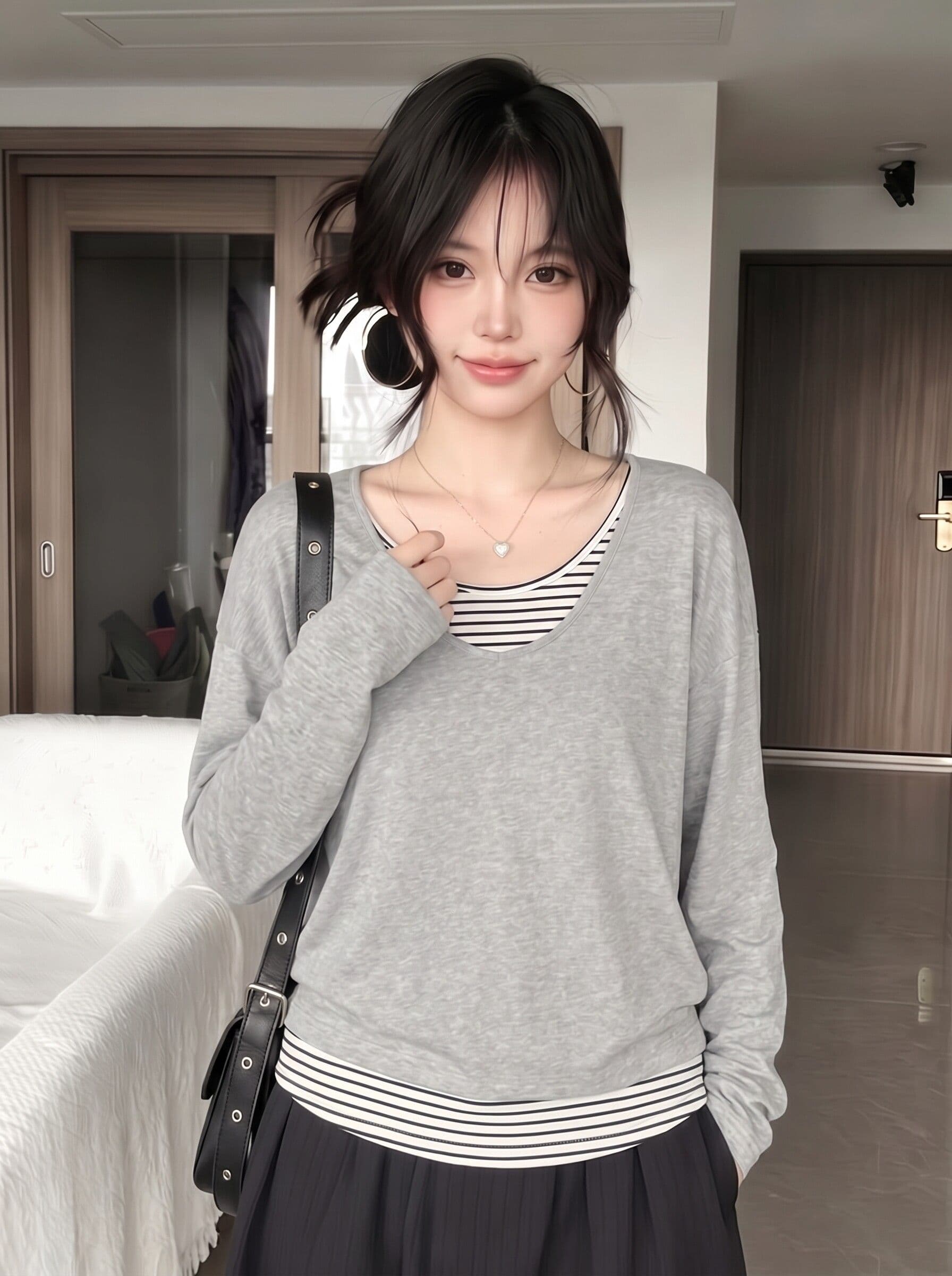 눈꽃 면 한 부서 스트라이프 페이크 레이어드 긴팔 티셔츠 여성 가을 루즈핏 느긋한 디자인 센스 패치워크 맨위 상세 이미지 5