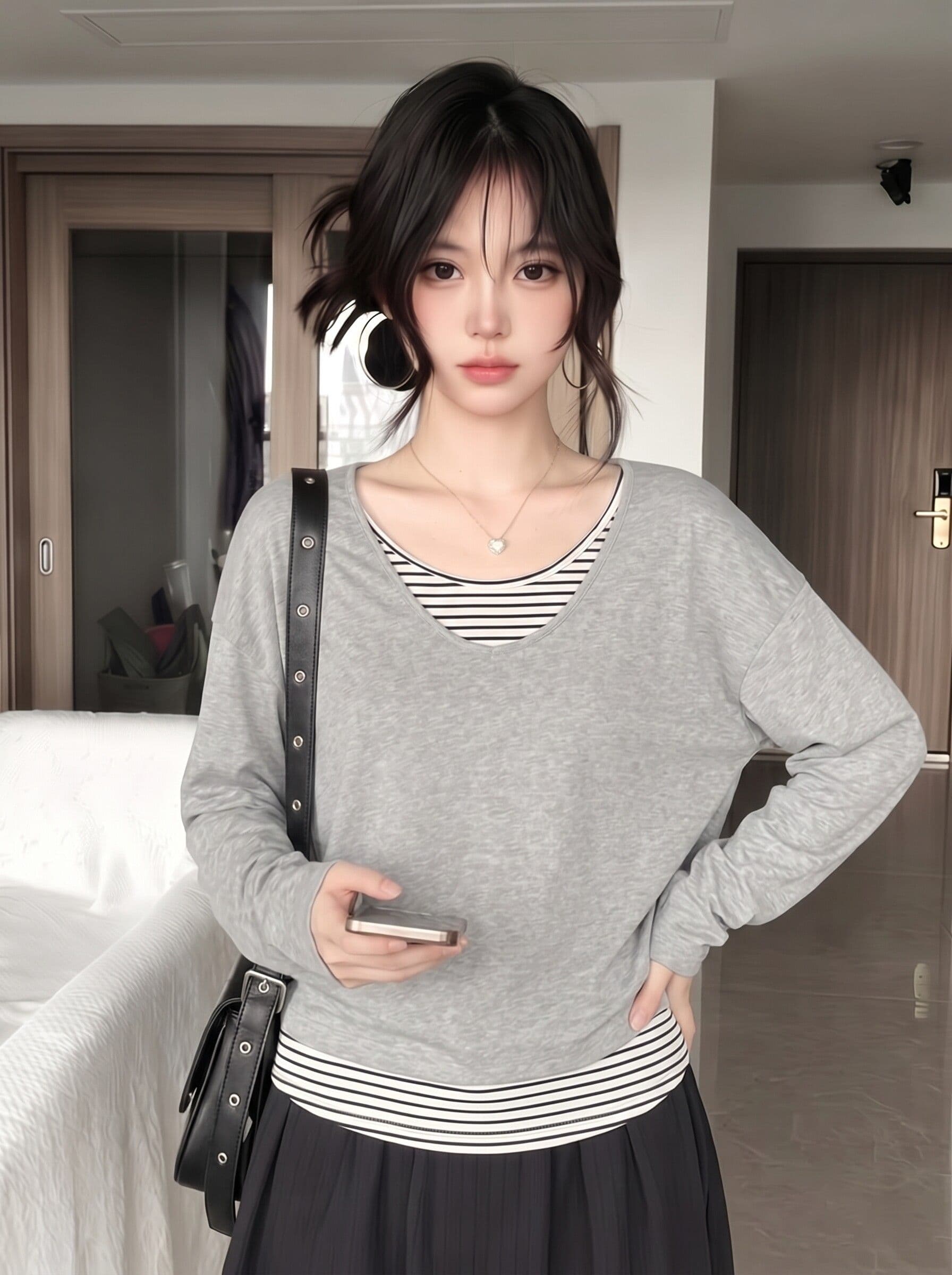 눈꽃 면 한 부서 스트라이프 페이크 레이어드 긴팔 티셔츠 여성 가을 루즈핏 느긋한 디자인 센스 패치워크 맨위 상세 이미지 6