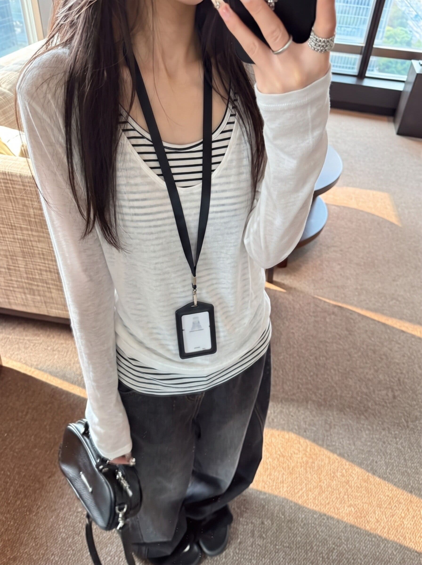 눈꽃 면 한 부서 스트라이프 페이크 레이어드 긴팔 티셔츠 여성 가을 루즈핏 느긋한 디자인 센스 패치워크 맨위 상세 이미지 7