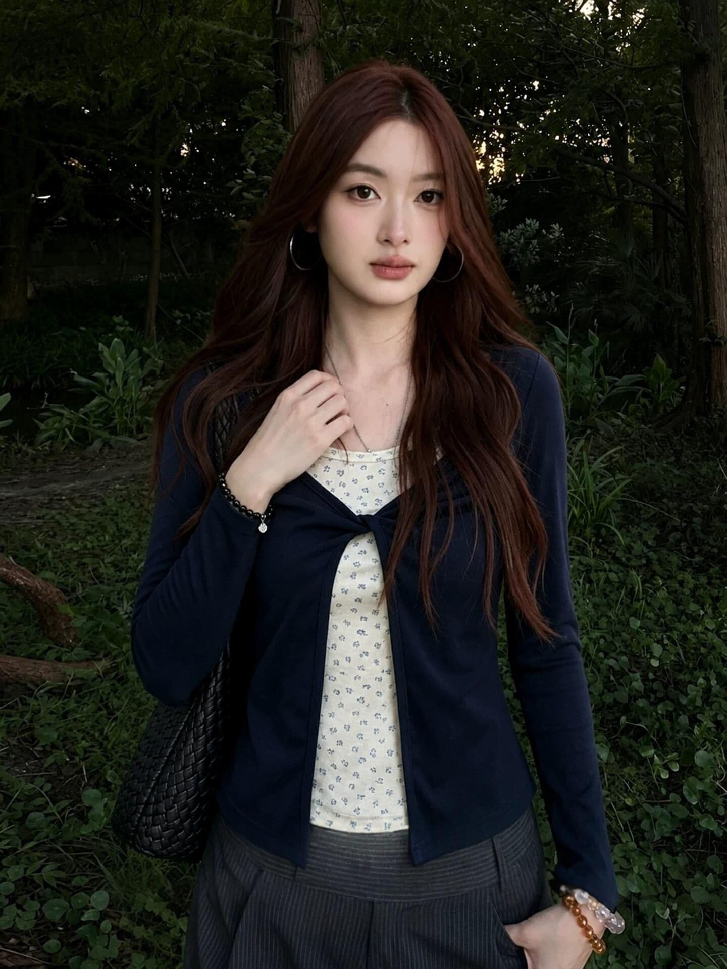 와 사고 방식 한 부서 꽃무늬 페이크 레이어드 긴팔 티셔츠 여성 여름 디자인 센스 긍정적 인 어깨 몸매 가꾸기 슬림해 보이는 맨위 상세 이미지 5