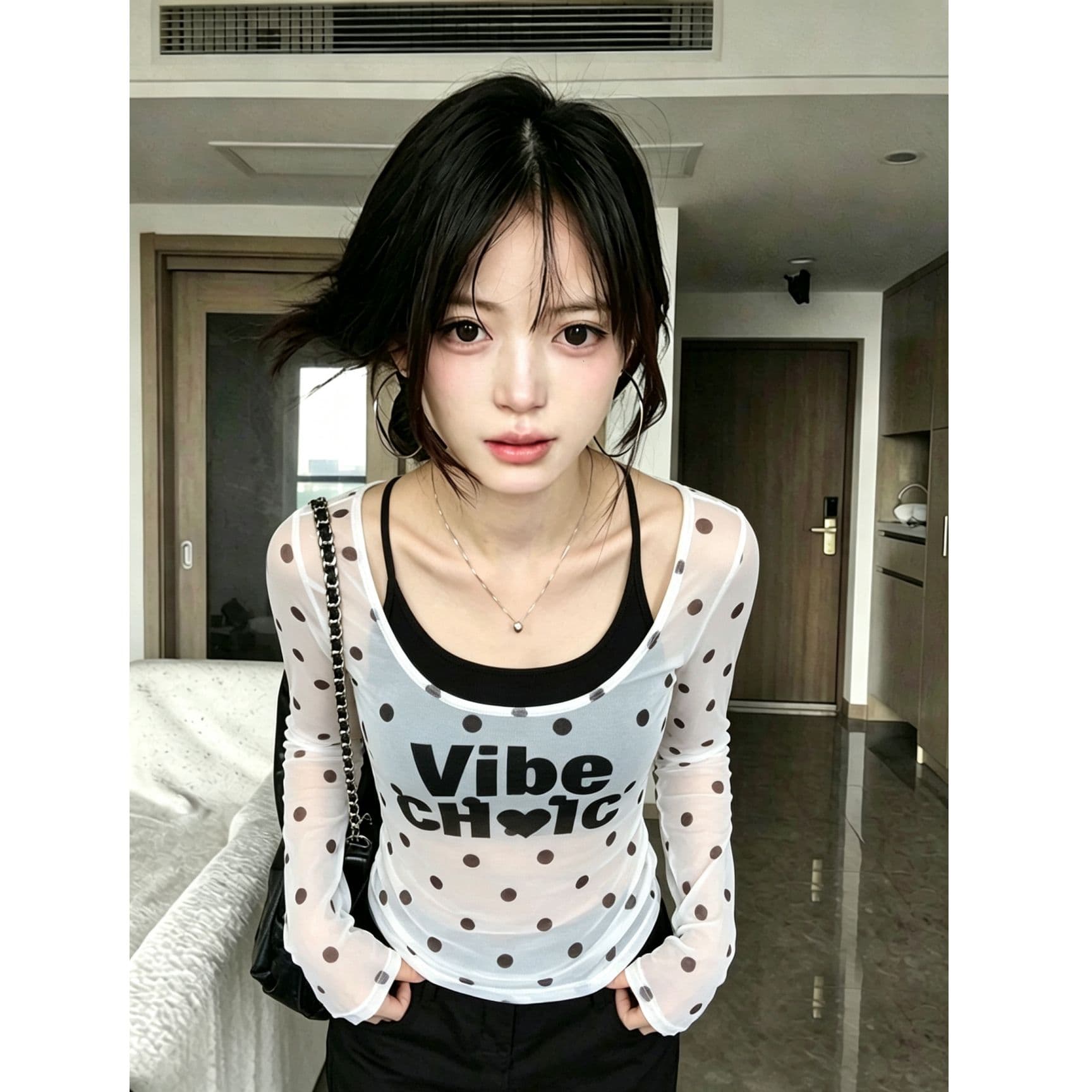 투피스 세트 도트 무늬 알파벳 프린트 u 칼라 긴팔 티셔츠 여성 조기 봄 가을 몸매 가꾸기 마이크로 ~을 통해 핫걸 기본 셔츠 이미지 3