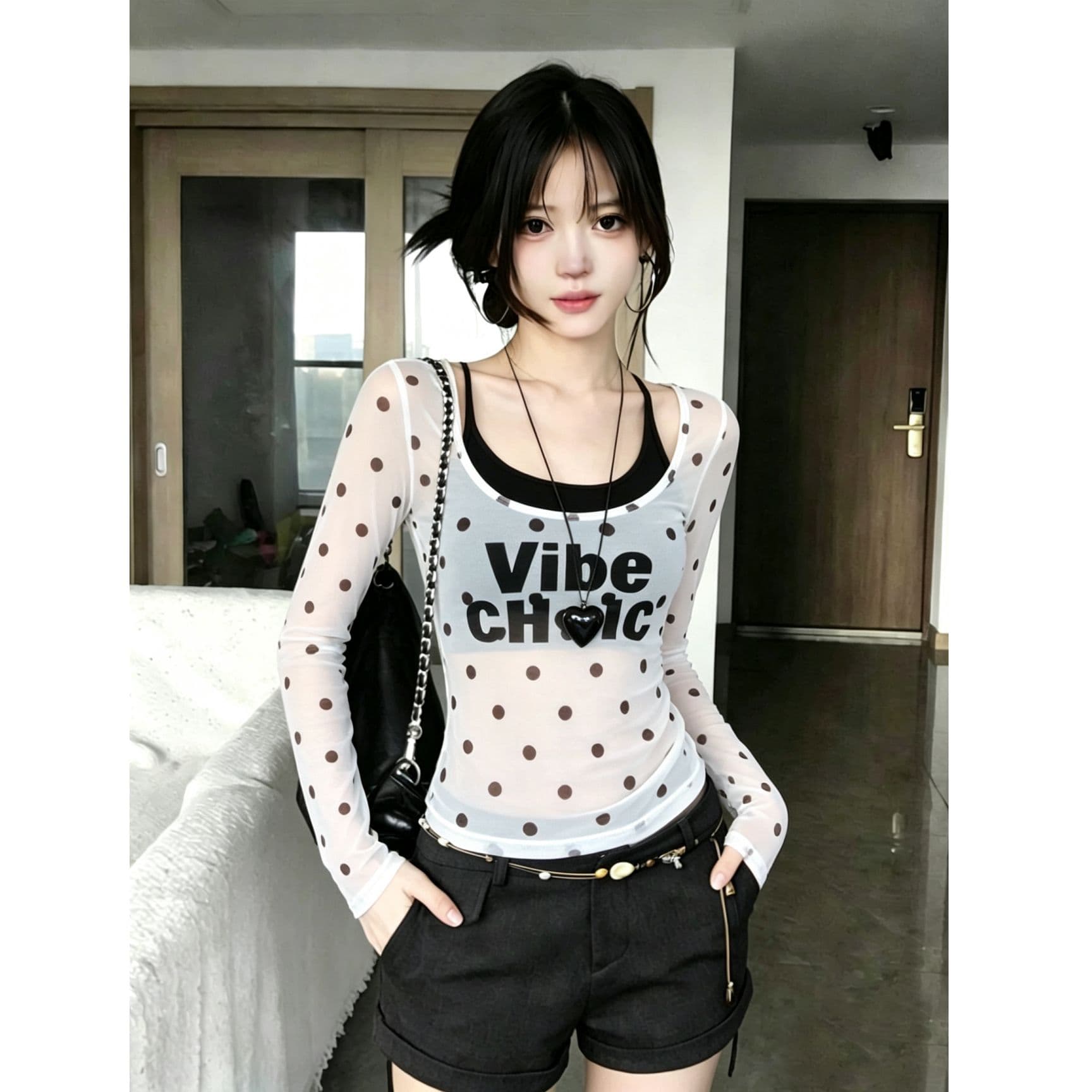 투피스 세트 도트 무늬 알파벳 프린트 u 칼라 긴팔 티셔츠 여성 조기 봄 가을 몸매 가꾸기 마이크로 ~을 통해 핫걸 기본 셔츠 상세 이미지 5