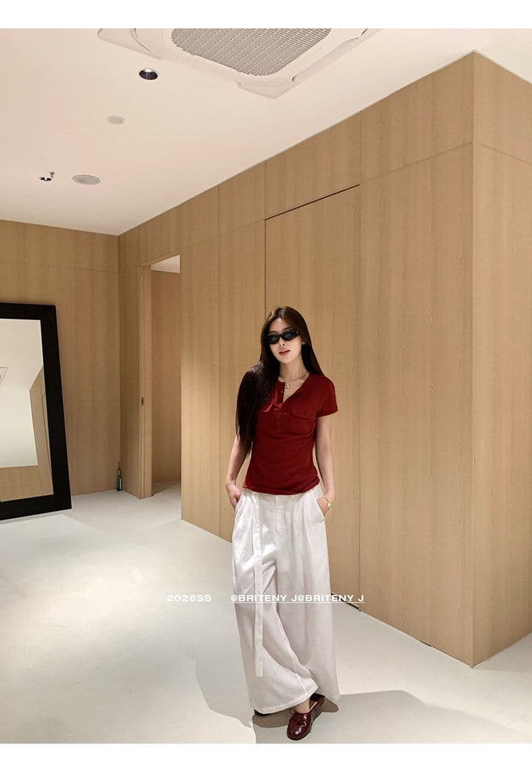 작은 6 월 6 월 브리트니 c 조금 스키니 t 세부 사항 전체 점수 3 차원 워크웨어 주머니 슬림해 보이는 마이크로 허리 수축 반팔 티셔츠 상세 이미지 15