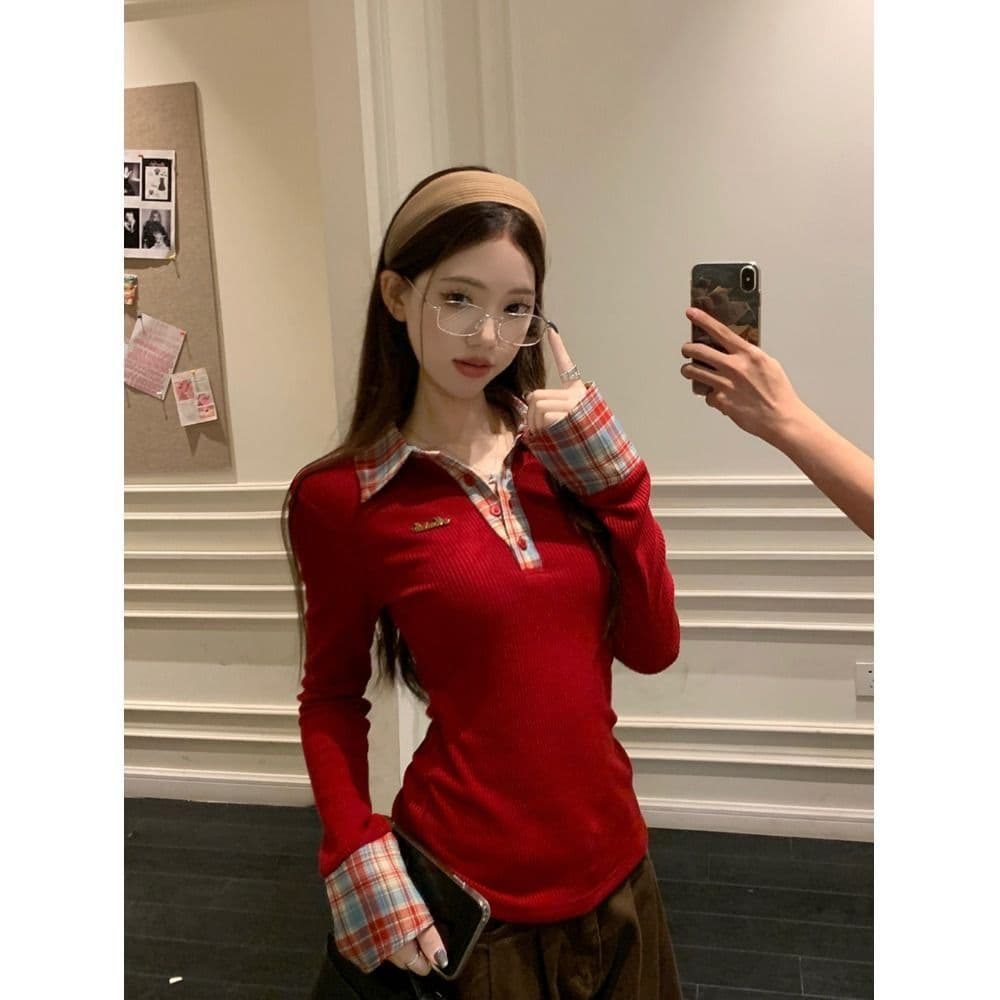 뮤 S 양모 원본 품질 패치워크 체크무늬 POLO 칼라 니트 스웨터 여성 가을 겨울철 몸매 가꾸기 기본 셔츠 이미지 3