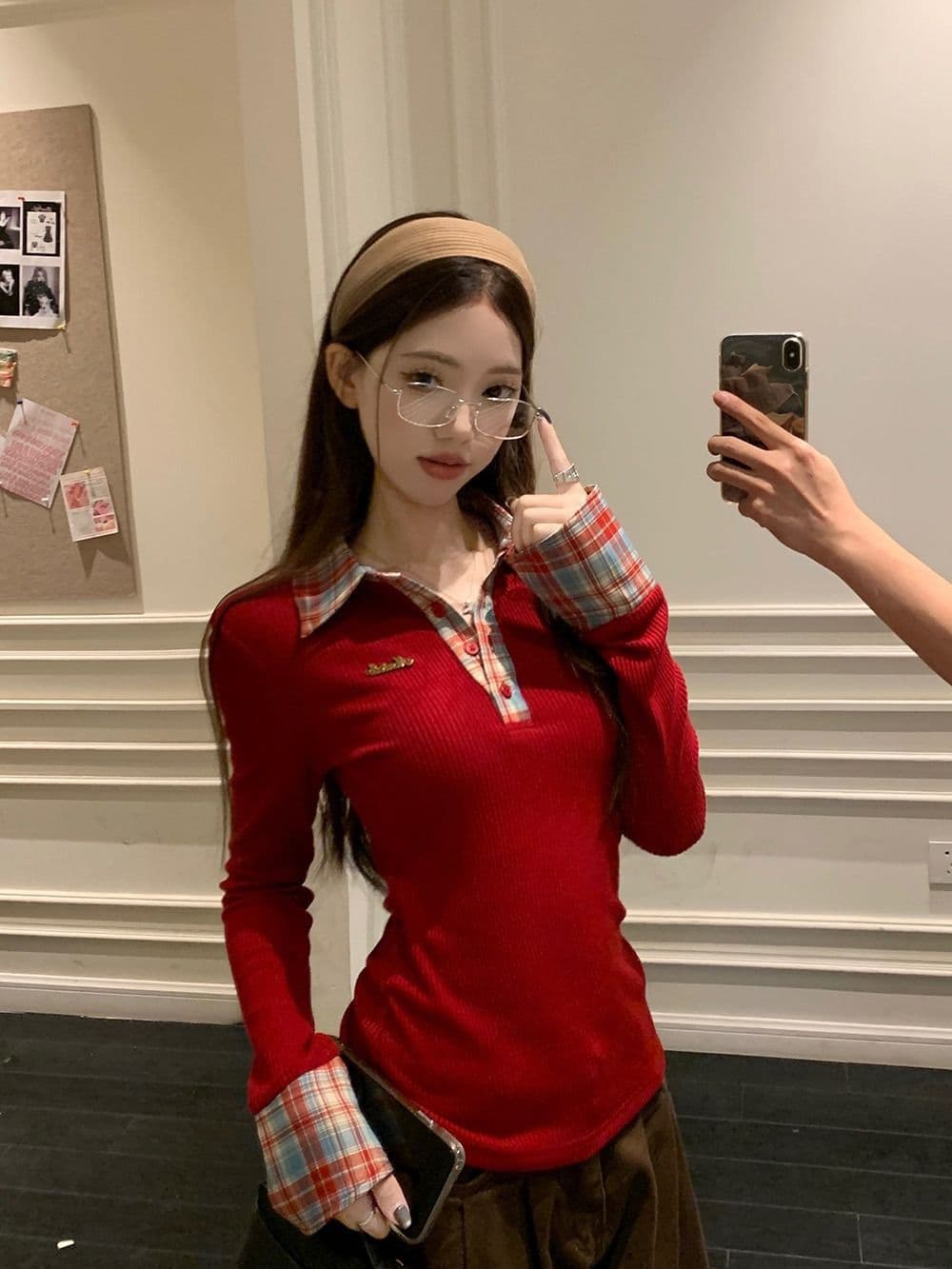 뮤 S 양모 원본 품질 패치워크 체크무늬 POLO 칼라 니트 스웨터 여성 가을 겨울철 몸매 가꾸기 기본 셔츠 상세 이미지 2