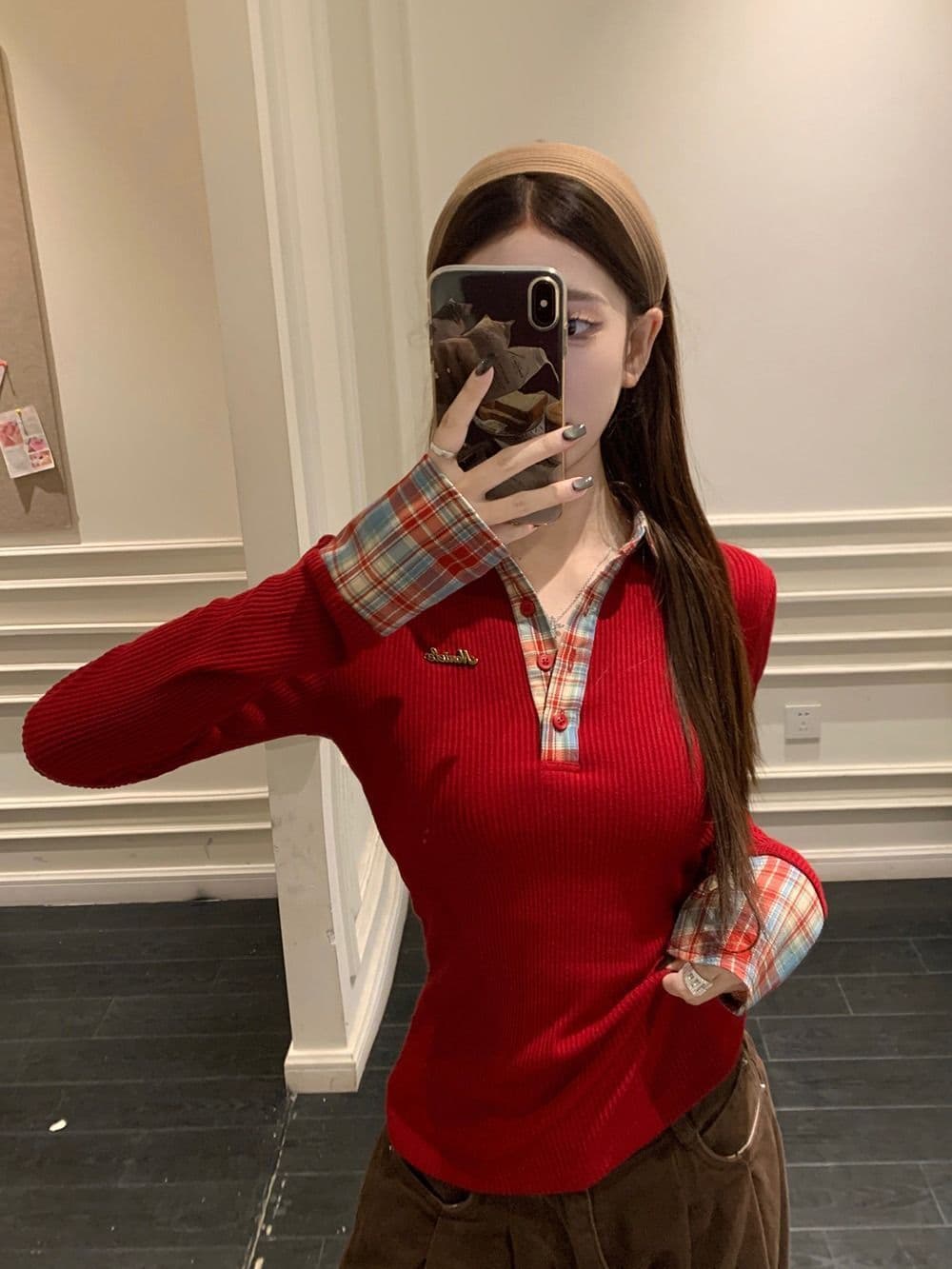 뮤 S 양모 원본 품질 패치워크 체크무늬 POLO 칼라 니트 스웨터 여성 가을 겨울철 몸매 가꾸기 기본 셔츠 상세 이미지 3