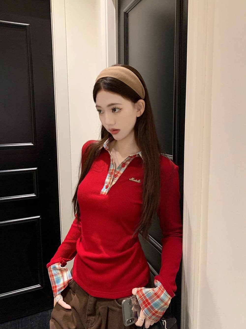 뮤 S 양모 원본 품질 패치워크 체크무늬 POLO 칼라 니트 스웨터 여성 가을 겨울철 몸매 가꾸기 기본 셔츠 상세 이미지 7