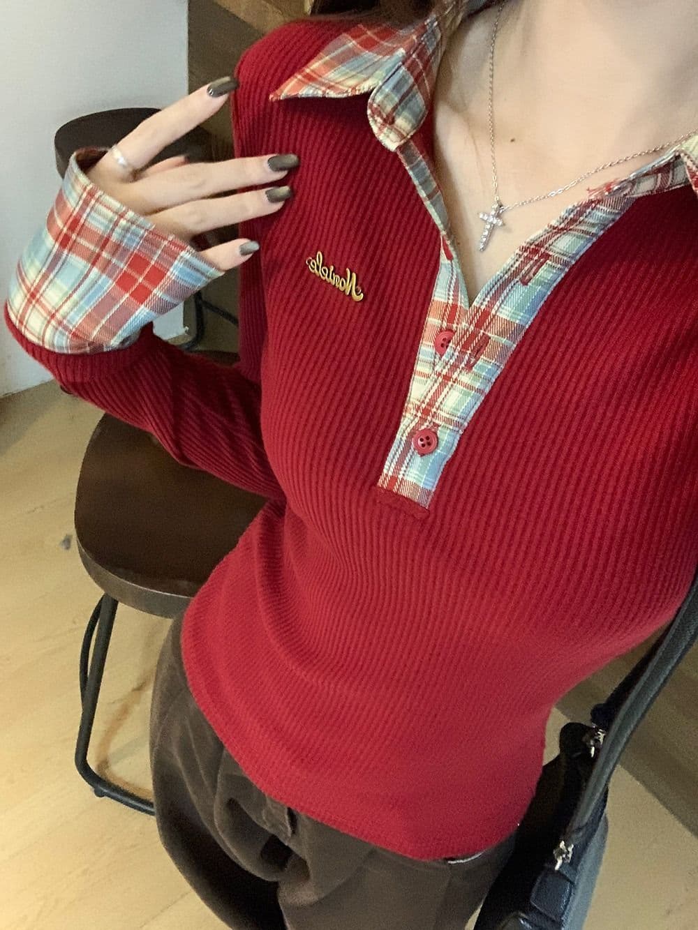 뮤 S 양모 원본 품질 패치워크 체크무늬 POLO 칼라 니트 스웨터 여성 가을 겨울철 몸매 가꾸기 기본 셔츠 상세 이미지 9