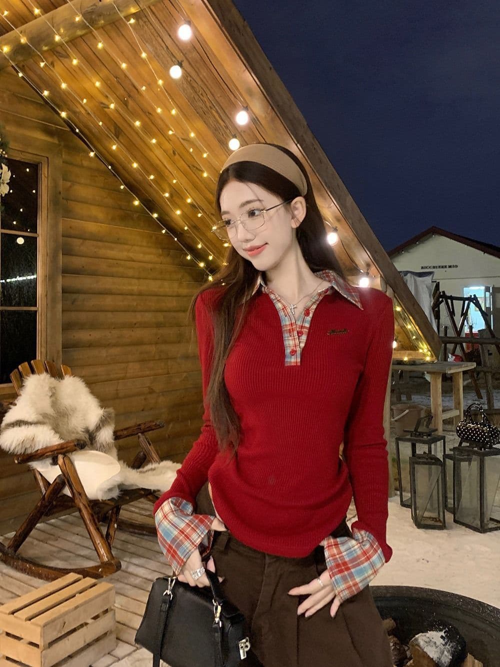 뮤 S 양모 원본 품질 패치워크 체크무늬 POLO 칼라 니트 스웨터 여성 가을 겨울철 몸매 가꾸기 기본 셔츠 상세 이미지 10