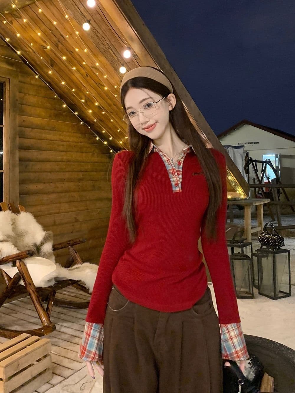 뮤 S 양모 원본 품질 패치워크 체크무늬 POLO 칼라 니트 스웨터 여성 가을 겨울철 몸매 가꾸기 기본 셔츠 상세 이미지 11