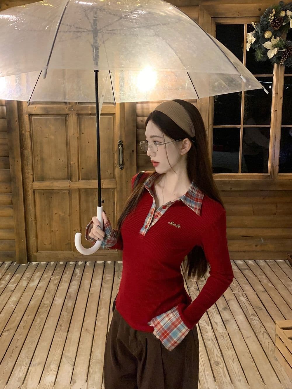 뮤 S 양모 원본 품질 패치워크 체크무늬 POLO 칼라 니트 스웨터 여성 가을 겨울철 몸매 가꾸기 기본 셔츠 상세 이미지 12