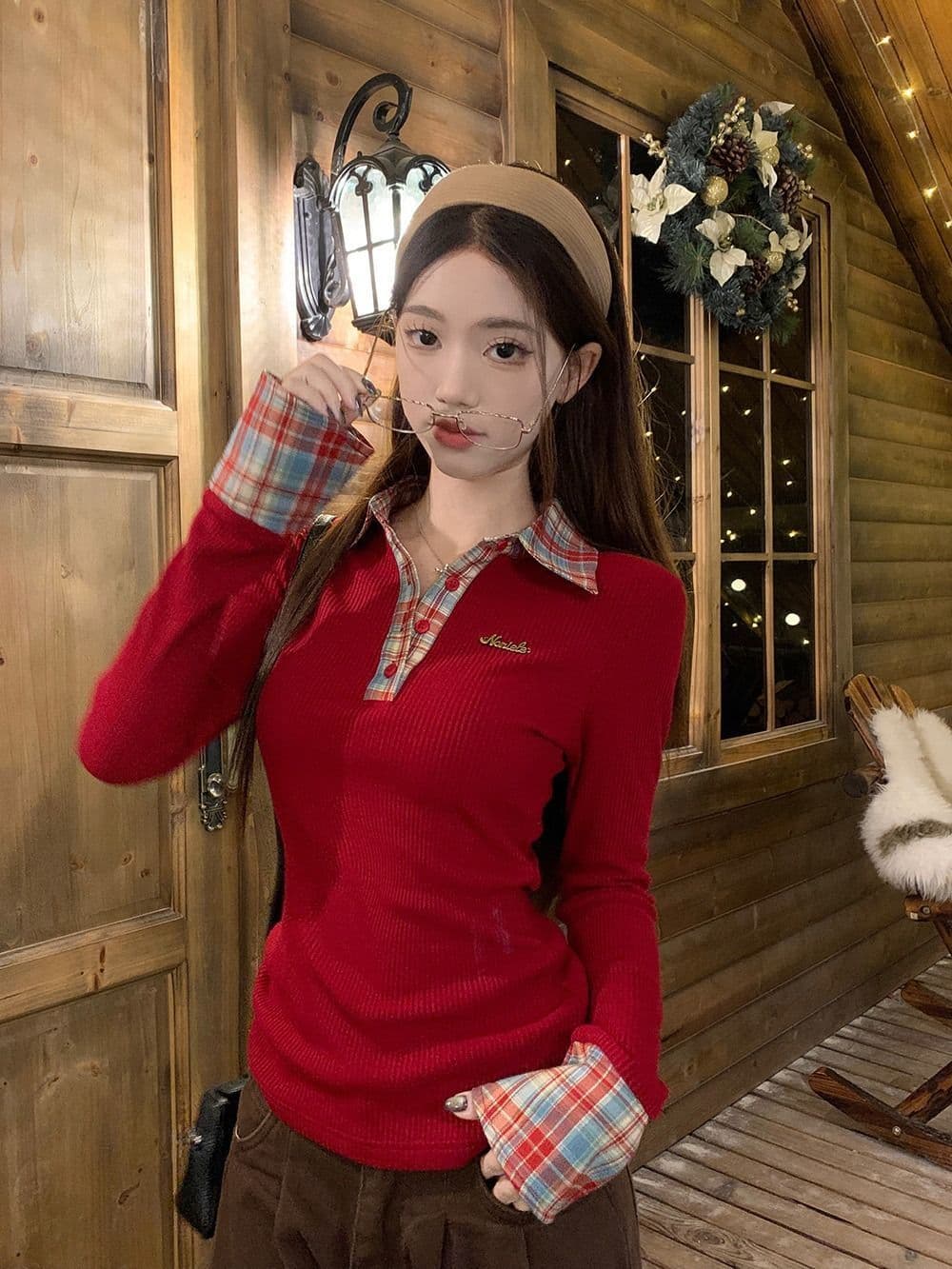 뮤 S 양모 원본 품질 패치워크 체크무늬 POLO 칼라 니트 스웨터 여성 가을 겨울철 몸매 가꾸기 기본 셔츠 상세 이미지 13