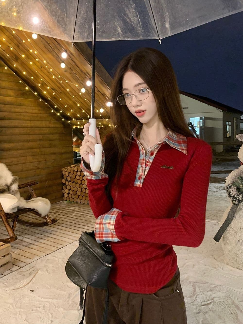 뮤 S 양모 원본 품질 패치워크 체크무늬 POLO 칼라 니트 스웨터 여성 가을 겨울철 몸매 가꾸기 기본 셔츠 상세 이미지 14