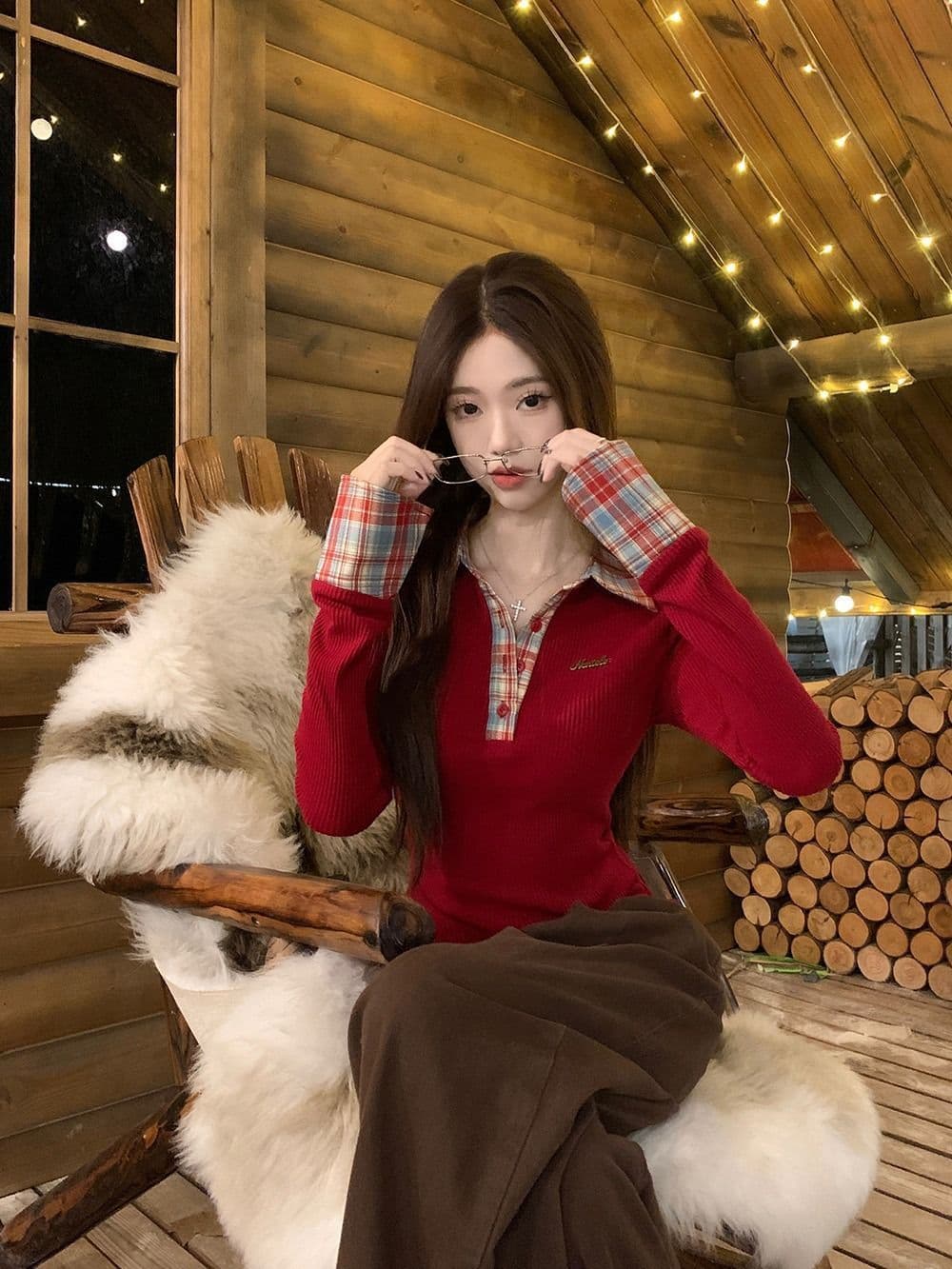 뮤 S 양모 원본 품질 패치워크 체크무늬 POLO 칼라 니트 스웨터 여성 가을 겨울철 몸매 가꾸기 기본 셔츠 상세 이미지 15