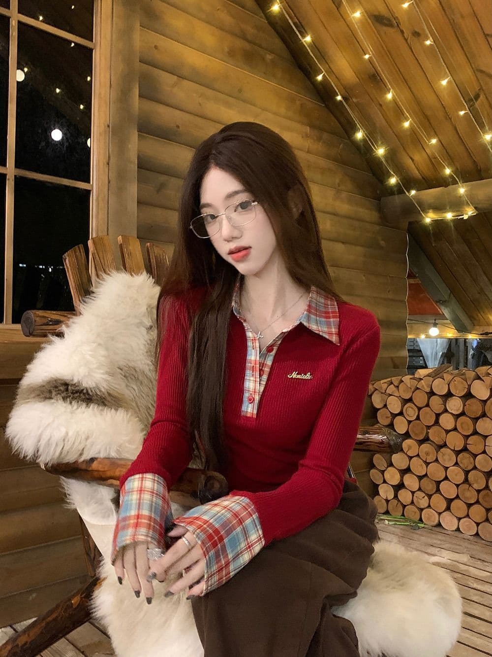 뮤 S 양모 원본 품질 패치워크 체크무늬 POLO 칼라 니트 스웨터 여성 가을 겨울철 몸매 가꾸기 기본 셔츠 상세 이미지 16