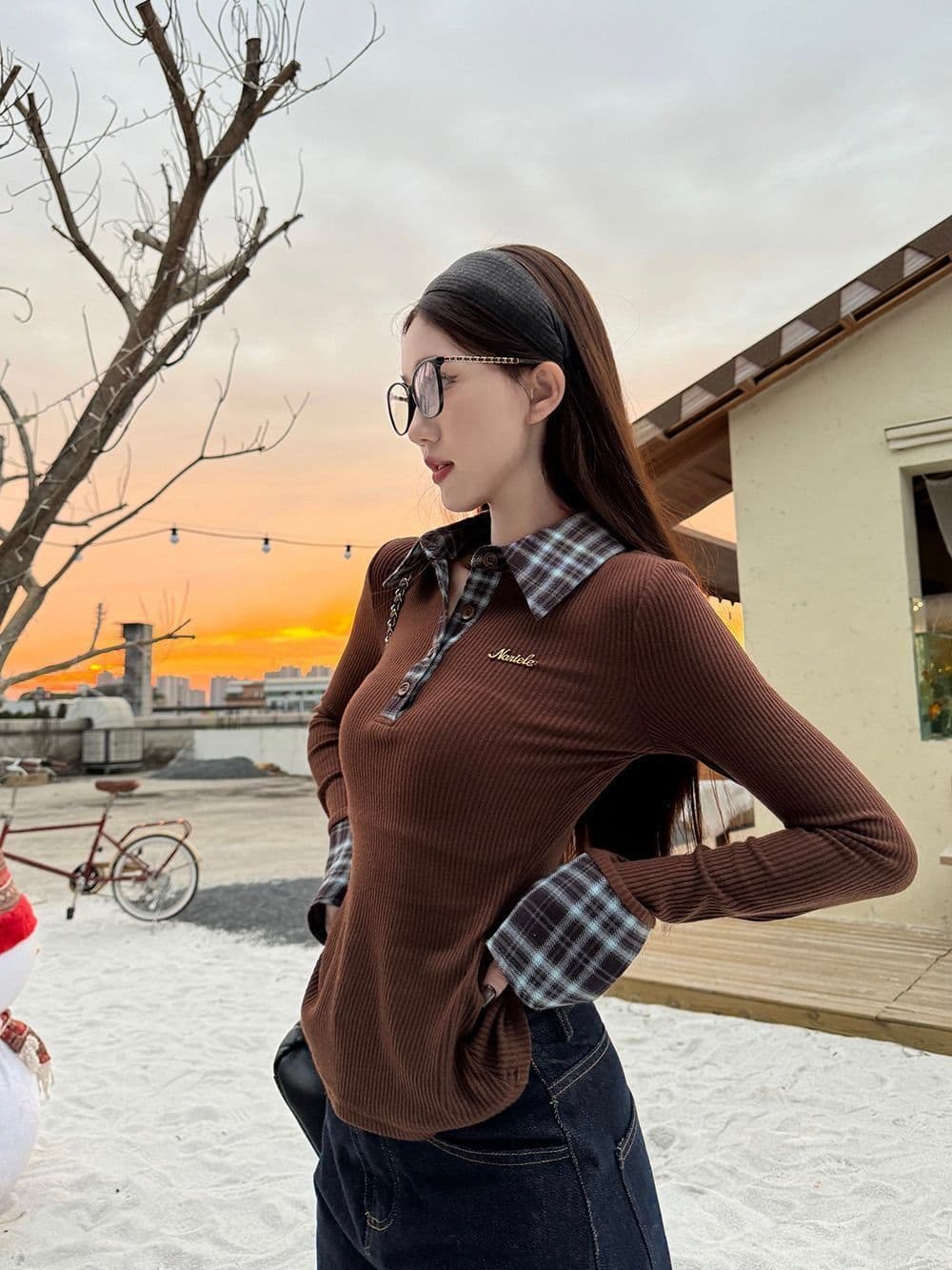 뮤 S 양모 원본 품질 패치워크 체크무늬 POLO 칼라 니트 스웨터 여성 가을 겨울철 몸매 가꾸기 기본 셔츠 상세 이미지 19
