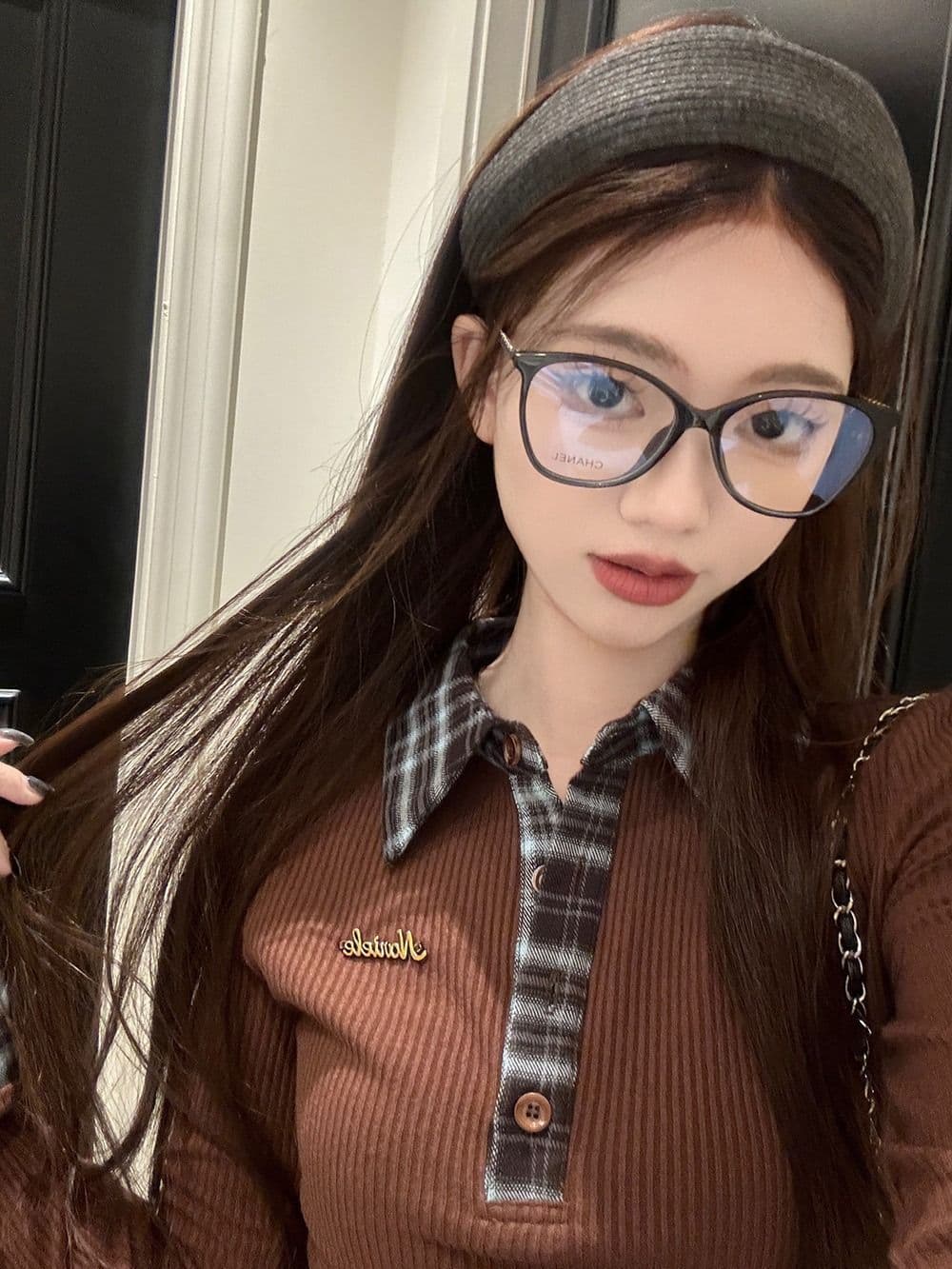 뮤 S 양모 원본 품질 패치워크 체크무늬 POLO 칼라 니트 스웨터 여성 가을 겨울철 몸매 가꾸기 기본 셔츠 상세 이미지 25