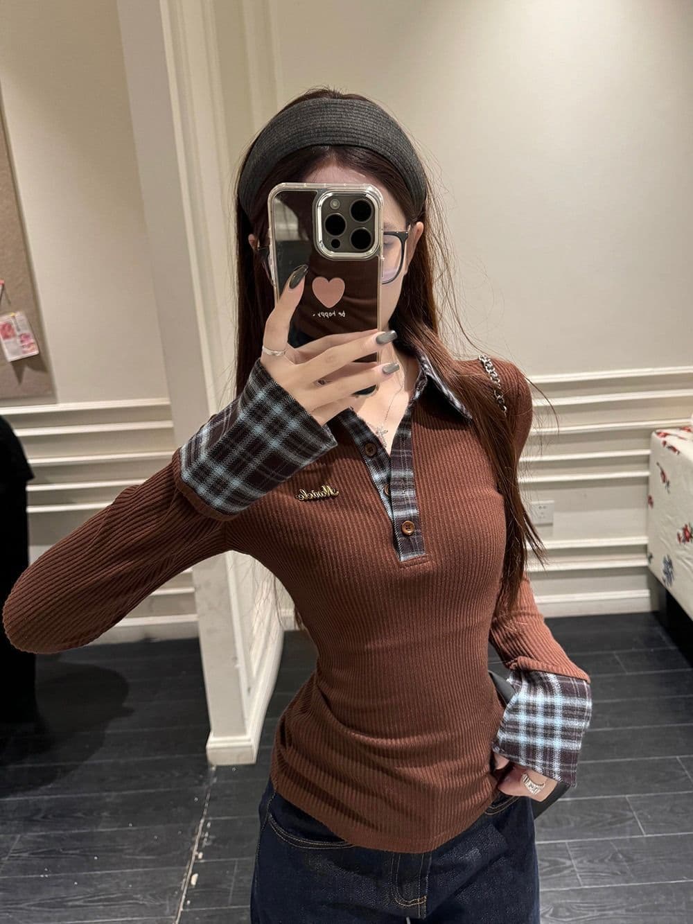 뮤 S 양모 원본 품질 패치워크 체크무늬 POLO 칼라 니트 스웨터 여성 가을 겨울철 몸매 가꾸기 기본 셔츠 상세 이미지 30