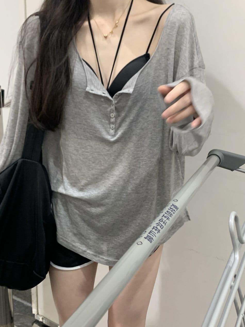 주간 실크 리브 느긋한 바람 회색 긴팔 티셔츠 여름 디자인 센스 루즈핏 풀오버 얇은 스타일 자외선 차단 블라우스 상세 이미지 6