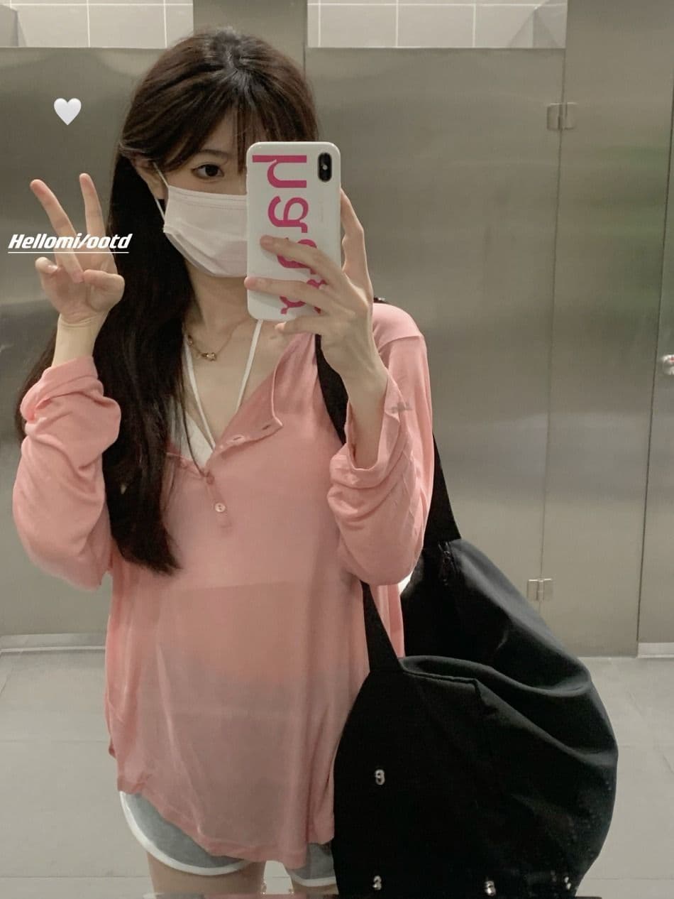 주간 실크 리브 느긋한 바람 회색 긴팔 티셔츠 여름 디자인 센스 루즈핏 풀오버 얇은 스타일 자외선 차단 블라우스 상세 이미지 12