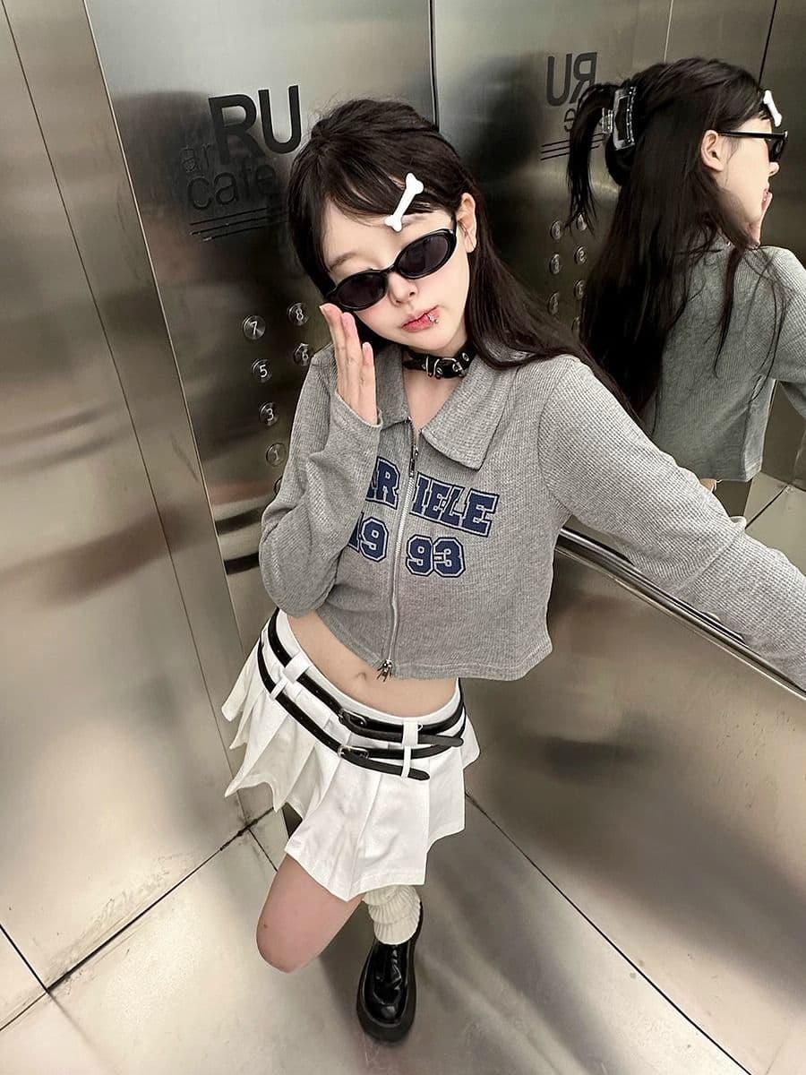 가을 아메리칸 핫걸 지퍼 디자인 센스 긍정적 인 어깨 긴팔 티셔츠 맨위 쇼트 스타일 재킷 몸매 가꾸기 오픈 가디건 여성 상세 이미지 5