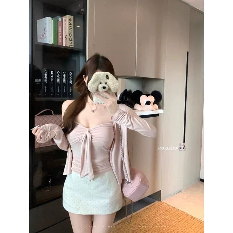 순수한 욕망 바람 세트 회색 얇은 스타일 오픈 가디건 쇼트 스타일 재킷 여성 의류 여름 인사이드 가져 가라. 스트랩 튜브탑 투피스 조끼 이미지 3