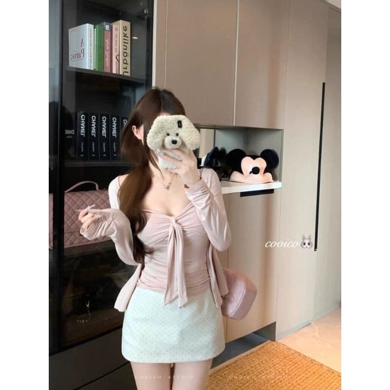 순수한 욕망 바람 세트 회색 얇은 스타일 오픈 가디건 쇼트 스타일 재킷 여성 의류 여름 인사이드 가져 가라. 스트랩 튜브탑 투피스 조끼 이미지 5