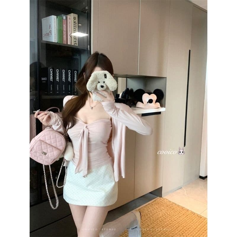 순수한 욕망 바람 세트 회색 얇은 스타일 오픈 가디건 쇼트 스타일 재킷 여성 의류 여름 인사이드 가져 가라. 스트랩 튜브탑 투피스 조끼 이미지 6