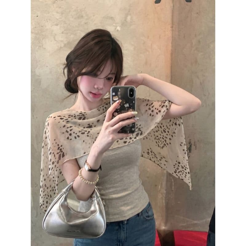 사람들 면 레오파드 무늬 숄 민소매 티셔츠 여성 여름 프랑스식 허리 수축 몸매 가꾸기 슬림해 보이는 페이크 레이어드 쇼트 스타일 맨위 이미지 2