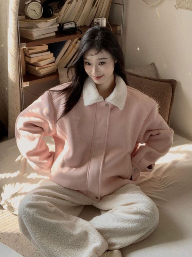550 그램 모방 사슴 캐시미어 복합 양 타조 울 핑크색 피모 하나 털이 있고 두꺼운 짧은 외투 여성 겨울 이미지 2
