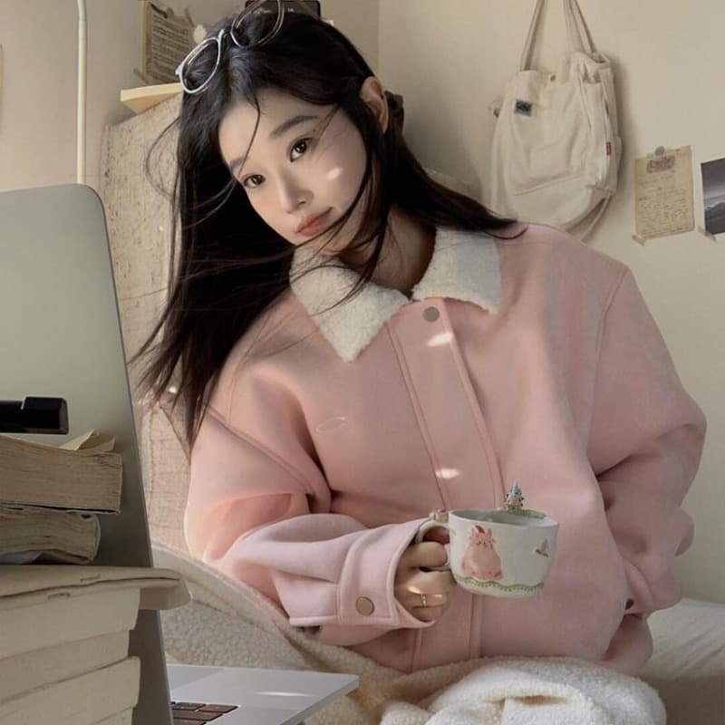 550 그램 모방 사슴 캐시미어 복합 양 타조 울 핑크색 피모 하나 털이 있고 두꺼운 짧은 외투 여성 겨울 이미지 5