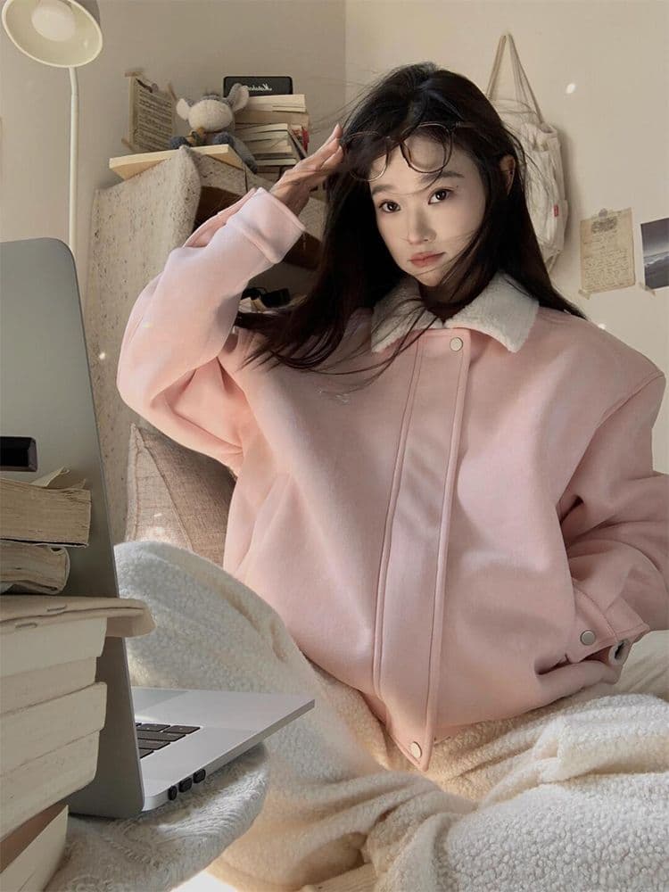 550 그램 모방 사슴 캐시미어 복합 양 타조 울 핑크색 피모 하나 털이 있고 두꺼운 짧은 외투 여성 겨울 상세 이미지 3