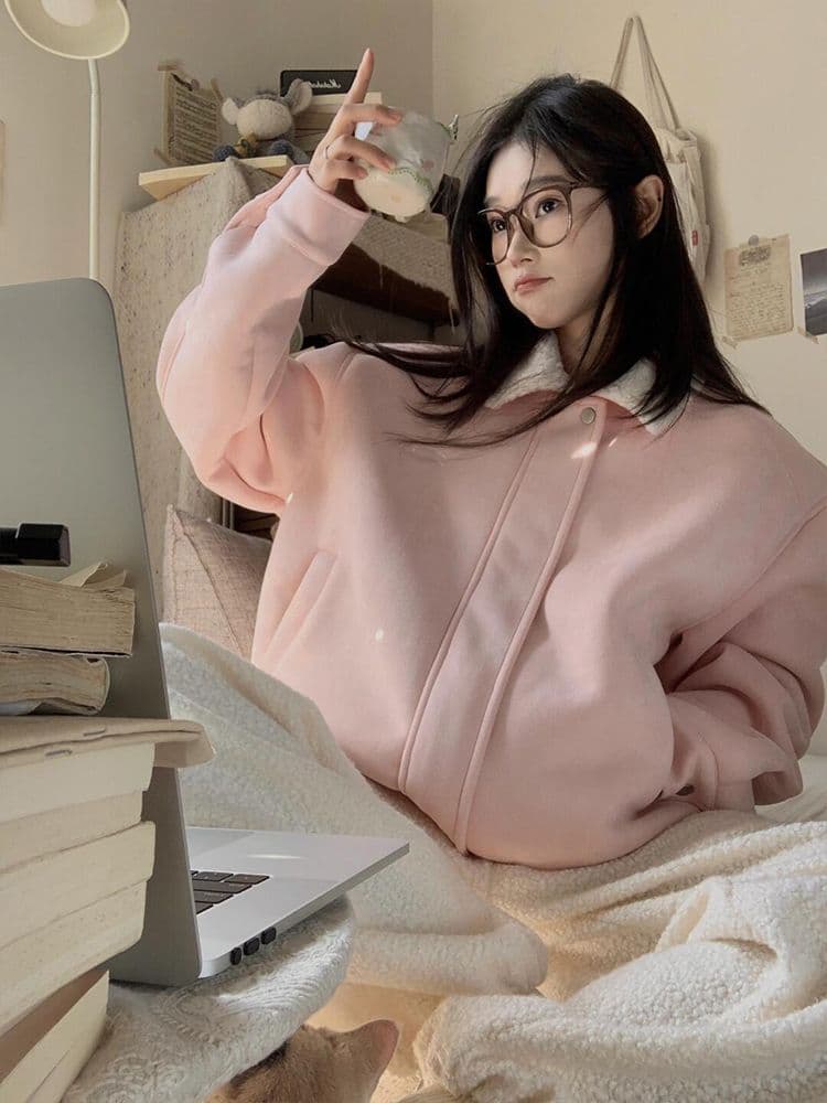 550 그램 모방 사슴 캐시미어 복합 양 타조 울 핑크색 피모 하나 털이 있고 두꺼운 짧은 외투 여성 겨울 상세 이미지 4