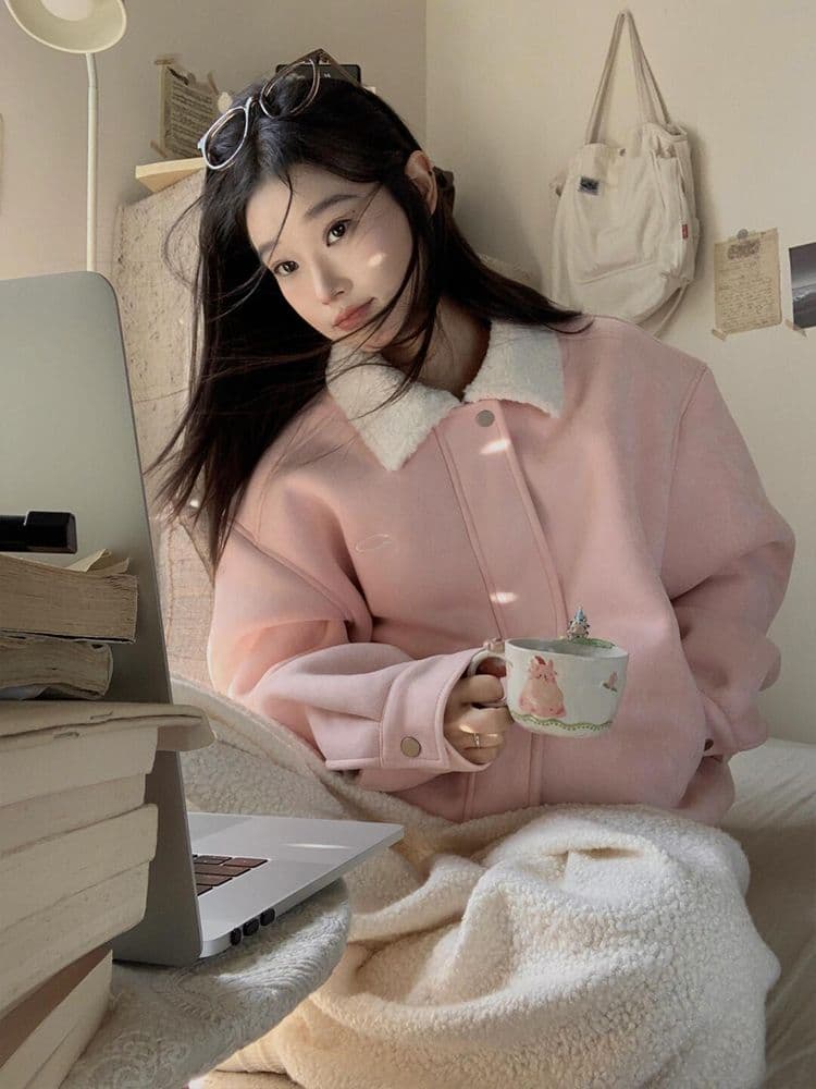 550 그램 모방 사슴 캐시미어 복합 양 타조 울 핑크색 피모 하나 털이 있고 두꺼운 짧은 외투 여성 겨울 상세 이미지 5