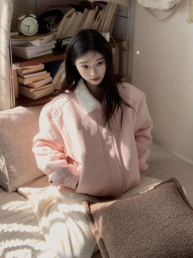 550 그램 모방 사슴 캐시미어 복합 양 타조 울 핑크색 피모 하나 털이 있고 두꺼운 짧은 외투 여성 겨울 상세 이미지 6