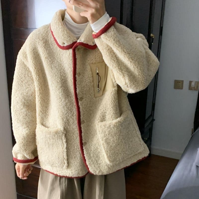 한 번 작은 짭짤한 한 부서 밝은 갈색 폴로 칼라 두꺼운 양털 여성 코트 겨울 빨간색 신년 축제 루즈핏 보온 이미지 2