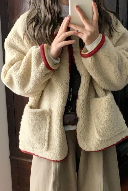 한 번 작은 짭짤한 한 부서 밝은 갈색 폴로 칼라 두꺼운 양털 여성 코트 겨울 빨간색 신년 축제 루즈핏 보온 이미지 6
