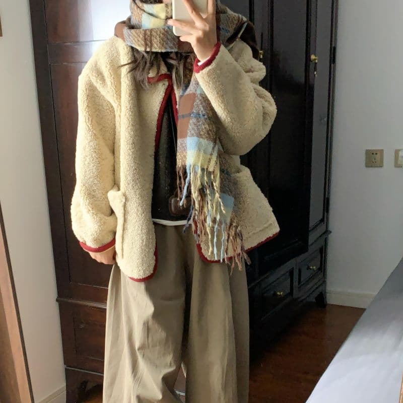 한 번 작은 짭짤한 한 부서 밝은 갈색 폴로 칼라 두꺼운 양털 여성 코트 겨울 빨간색 신년 축제 루즈핏 보온 상세 이미지 7