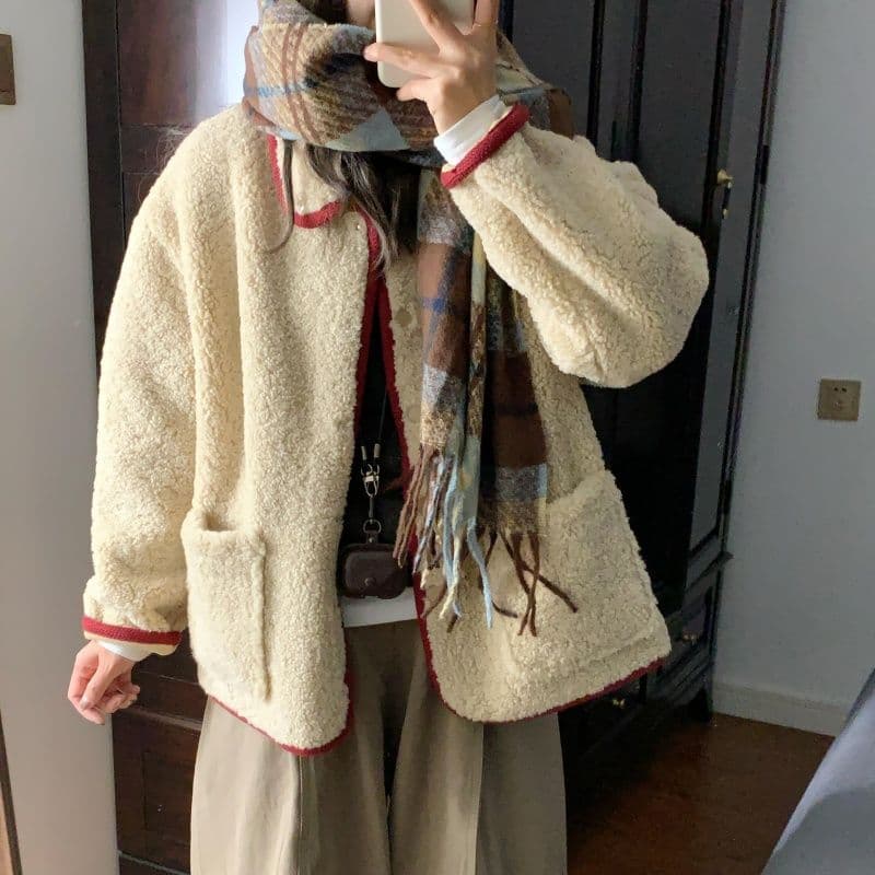 한 번 작은 짭짤한 한 부서 밝은 갈색 폴로 칼라 두꺼운 양털 여성 코트 겨울 빨간색 신년 축제 루즈핏 보온 상세 이미지 9