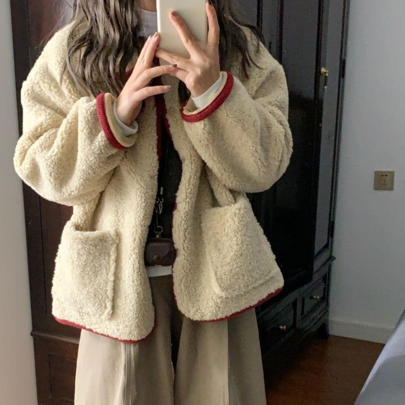 한 번 작은 짭짤한 한 부서 밝은 갈색 폴로 칼라 두꺼운 양털 여성 코트 겨울 빨간색 신년 축제 루즈핏 보온 상세 이미지 10
