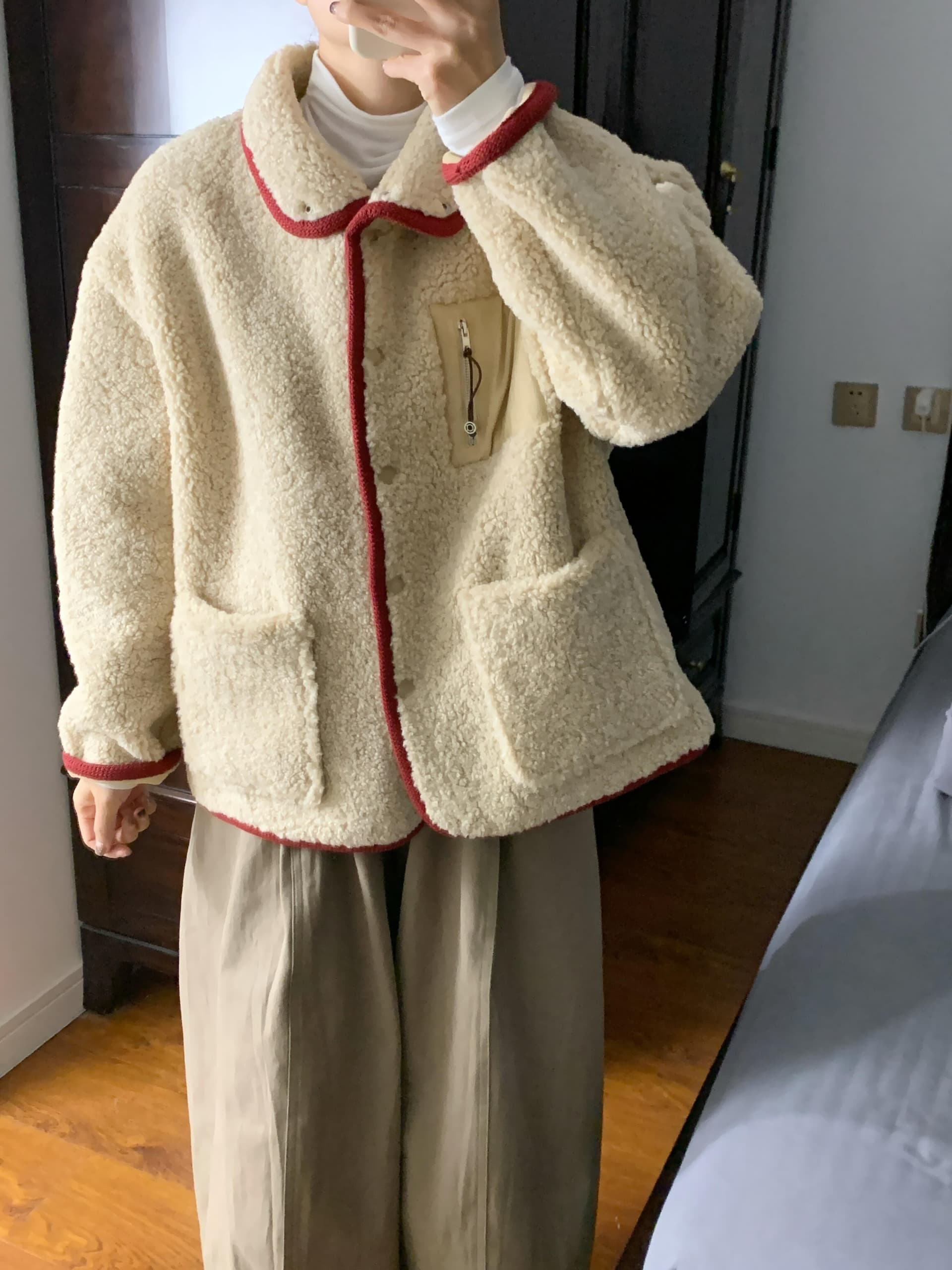한 번 작은 짭짤한 한 부서 밝은 갈색 폴로 칼라 두꺼운 양털 여성 코트 겨울 빨간색 신년 축제 루즈핏 보온 상세 이미지 11