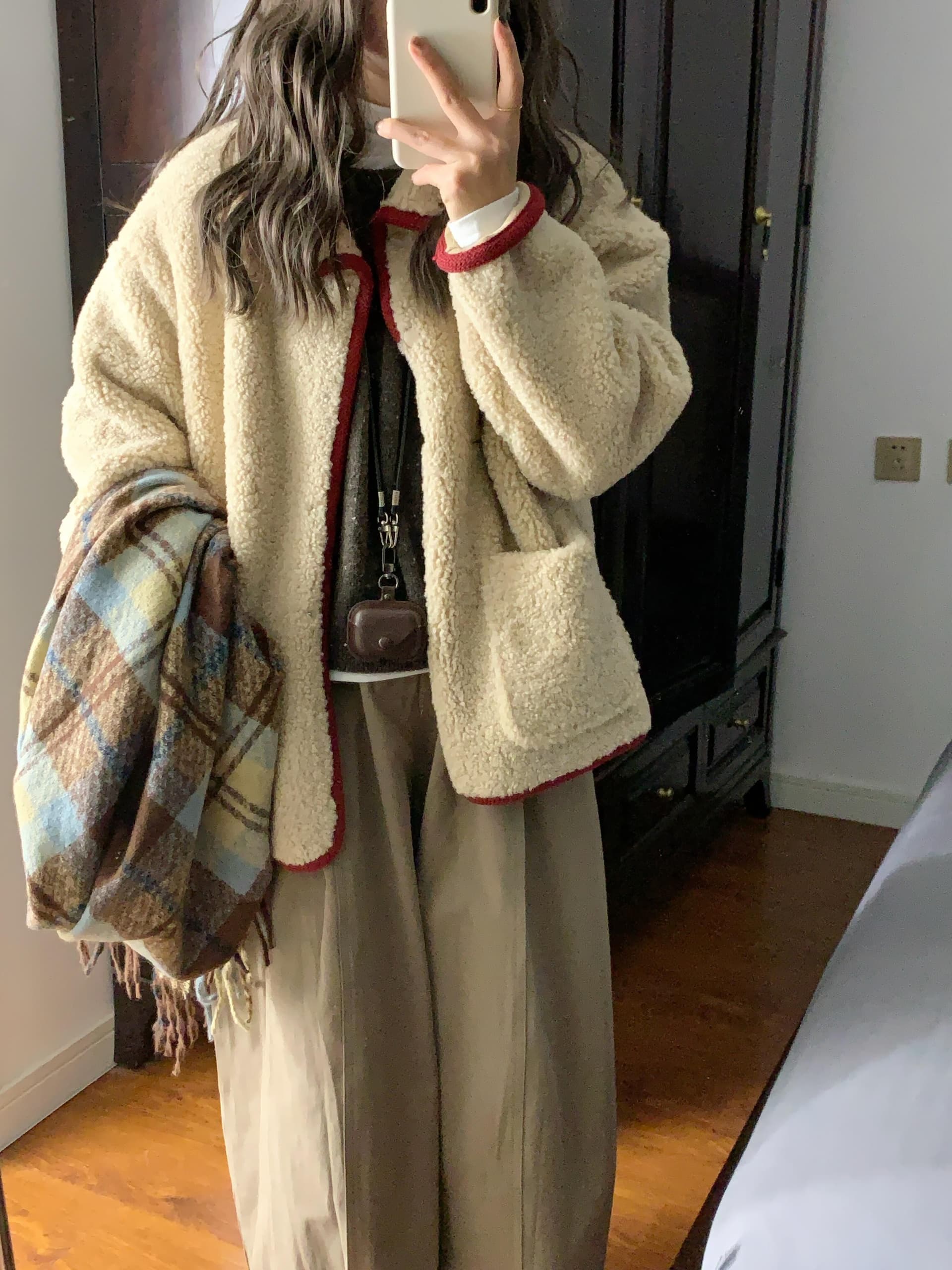 한 번 작은 짭짤한 한 부서 밝은 갈색 폴로 칼라 두꺼운 양털 여성 코트 겨울 빨간색 신년 축제 루즈핏 보온 상세 이미지 13
